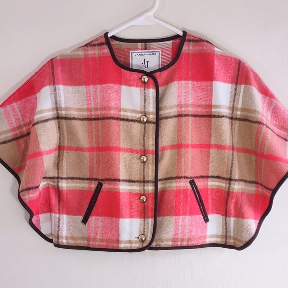Janie and Jack Pink & Tan Wool Cape Jacket Girl's Size 3 - 4  Preppy Plaid - Picture 4 of 7